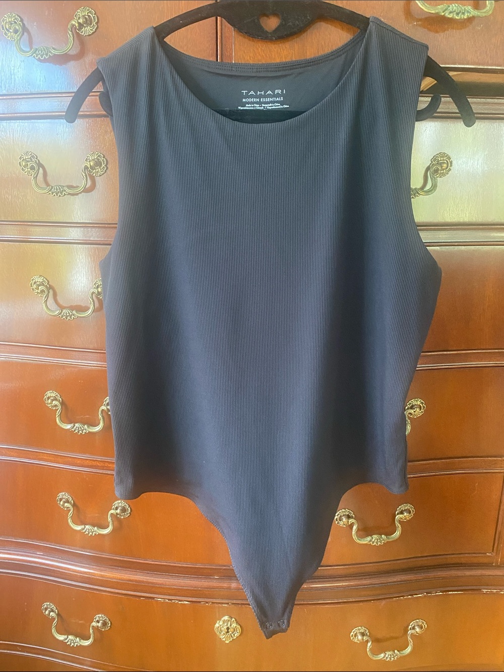 Tahari Black Ribbed Sleeveless Bodysuit Top